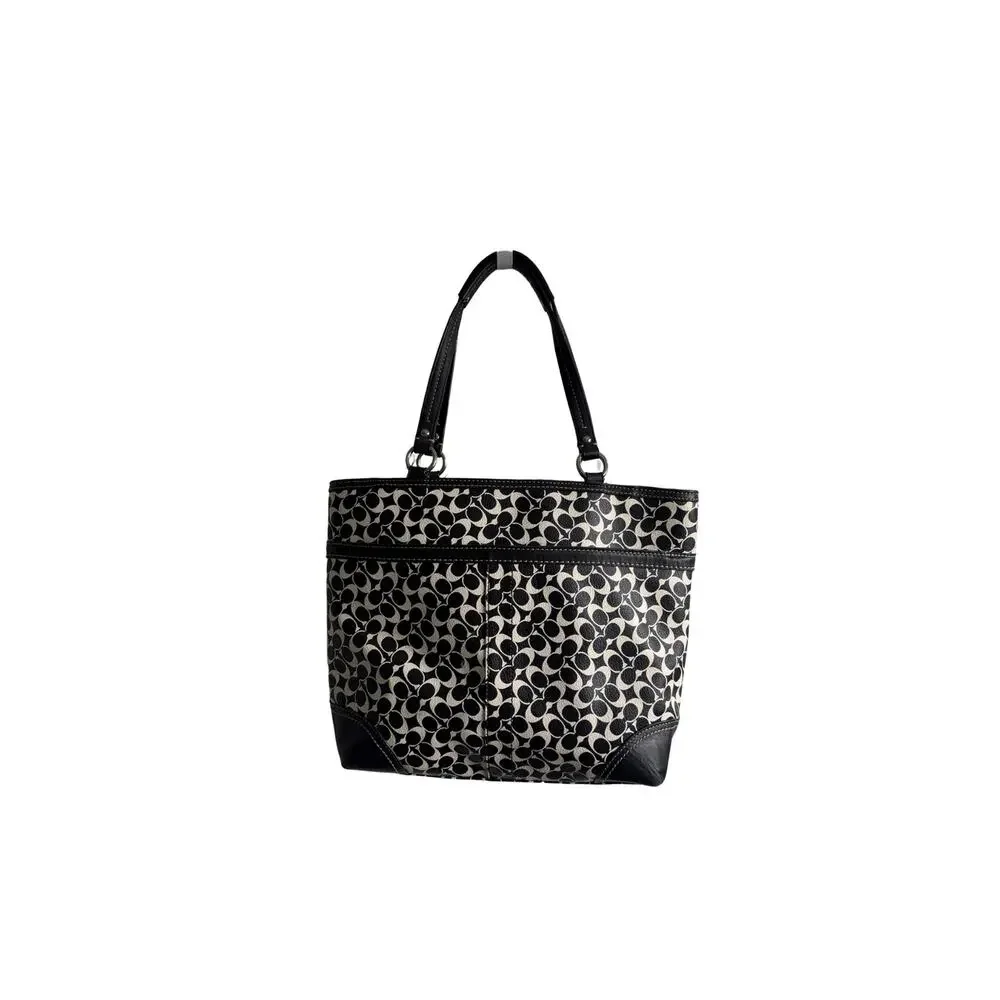 Coach Signature Tote F15137 Black White Canvas Leather Shoulder Bag - Picture 2 of 6